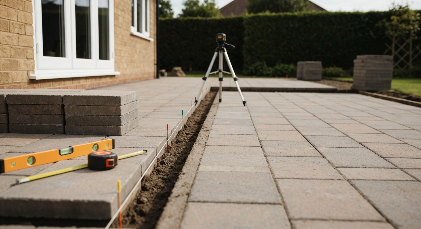 Residential patio under construction with string lines and laser level showing a slight slope (fall) away from the house