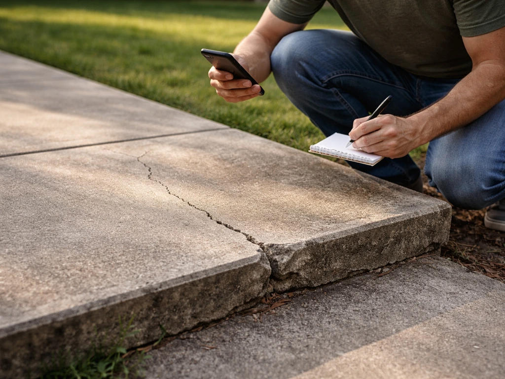 Homeowner crouches to inspect a patio surface, noting uneven spots and cracks with a phone.
