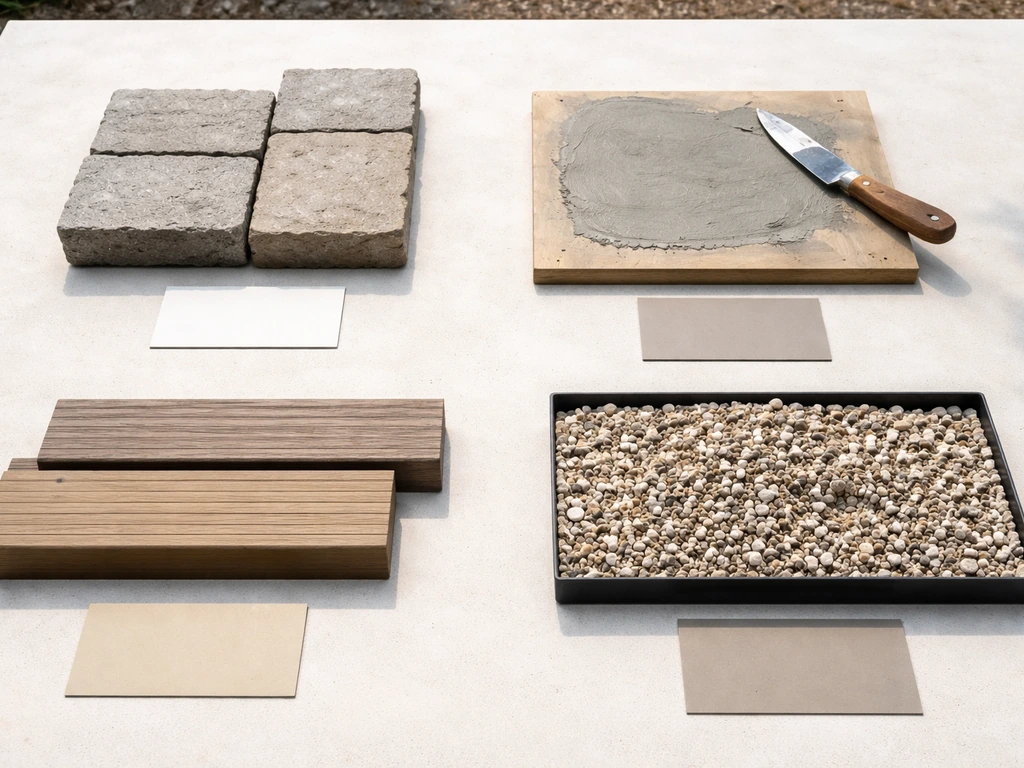 Flat lay of patio material samples—pavers, concrete, decking, and gravel—with small cost tags