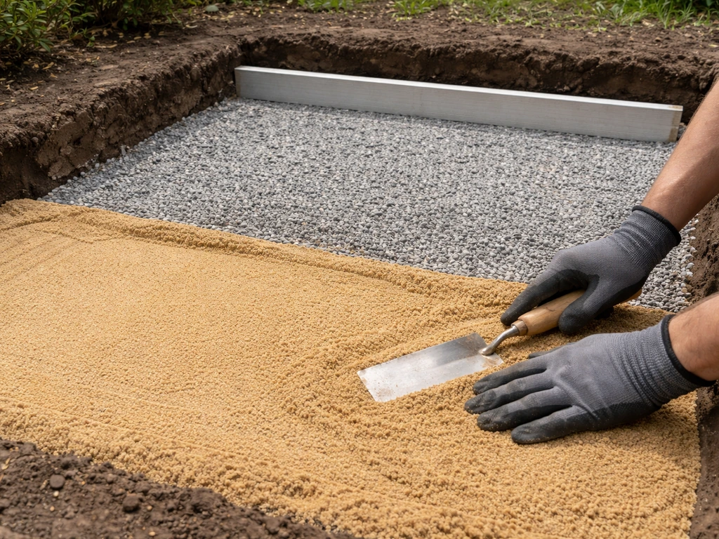 Gloved hands smoothing bedding sand in a compacted gravel patio subbase area with a leveling board.