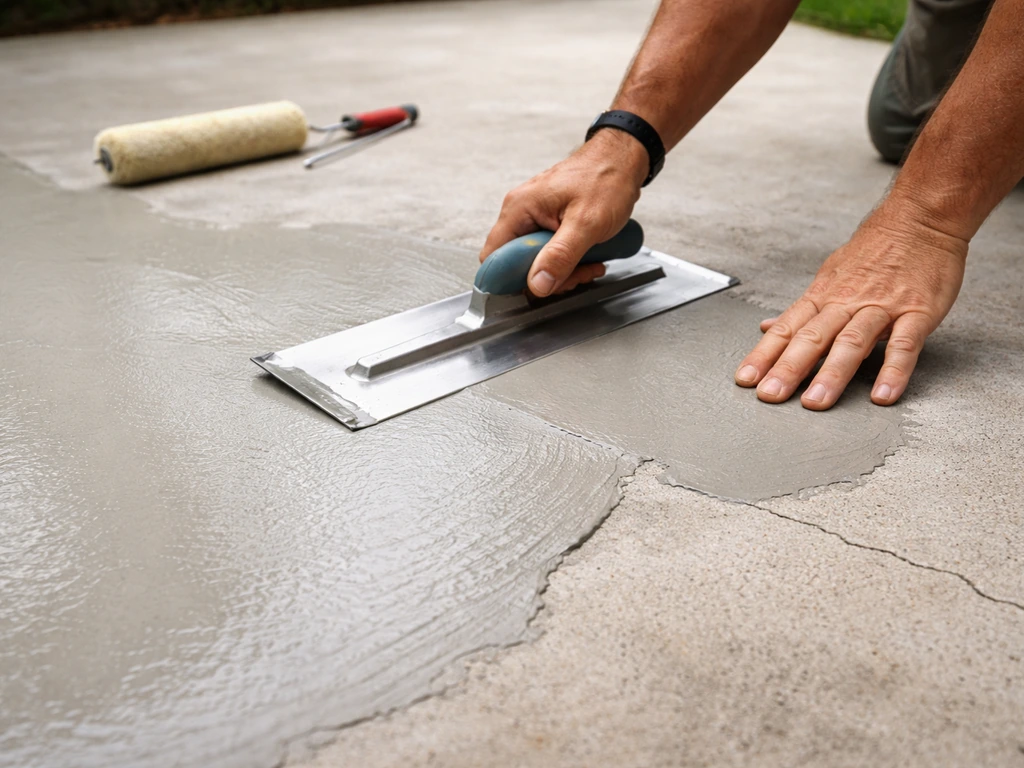 Hands trowel a concrete resurfacer over a hairline-cracked patio for a targeted patio repair.