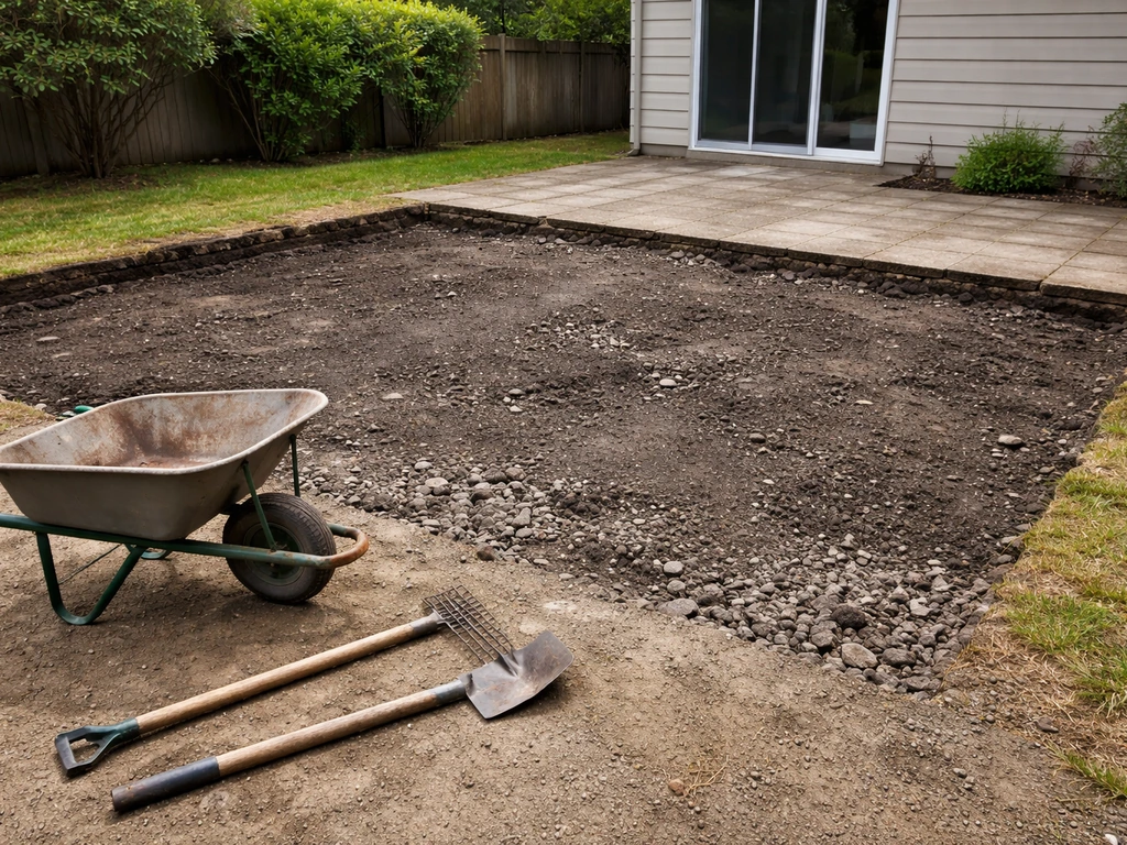 Exposed patio subbase after demolition, rubble cleared, wheelbarrow and tools ready for rebuilding.