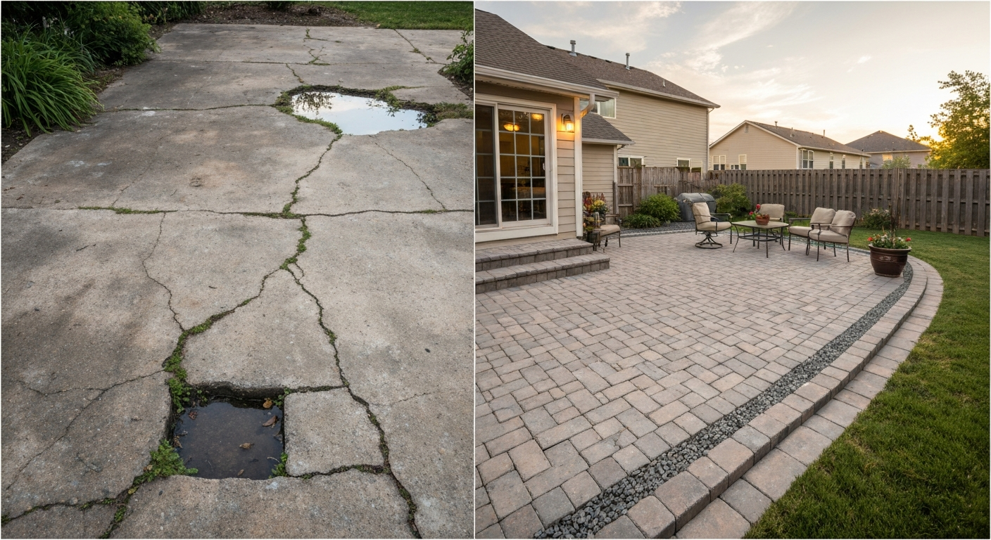 Split photo: left—cracked concrete patio with weeds and pooled water; right—renovated paver patio with furniture and proper slope.