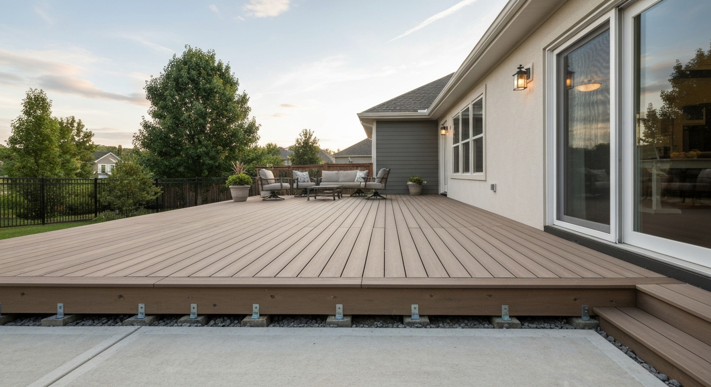 Finished composite deck built over existing concrete patio, showing deck surface, ventilated perimeter and the concrete edge beneath.