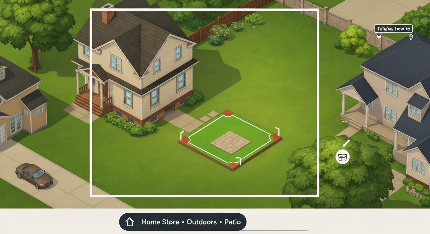 Stylized mobile builder-game interface showing an isometric house and a newly placed patio with green and red placement overlays and white edge handles, plus a generic Home Store toolbar.