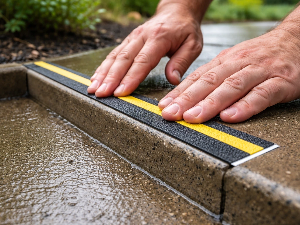 Hand applying anti-slip grip strip to outdoor concrete patio near a garden path