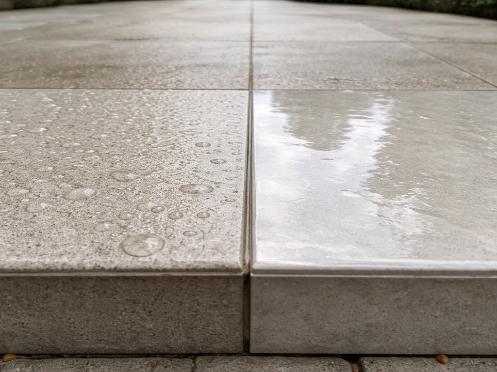 Side-by-side wet textured anti-slip tile and smooth glossy porcelain tile on a patio step