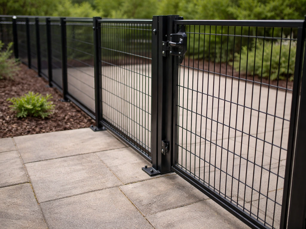 Close-up of DIY pet-proof fence panels and a secure gate in a backyard patio corner