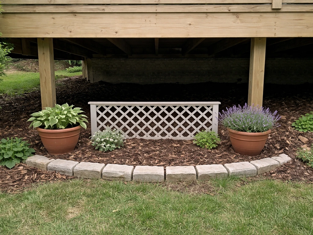 Low planters and garden edging blocking an under-deck crawl space to prevent dog access.