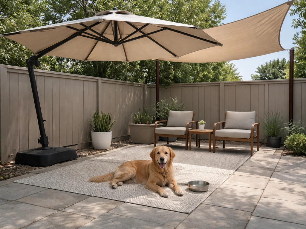 A patio shaded by a cantilever umbrella with a dog resting under it and a small water bowl nearby.