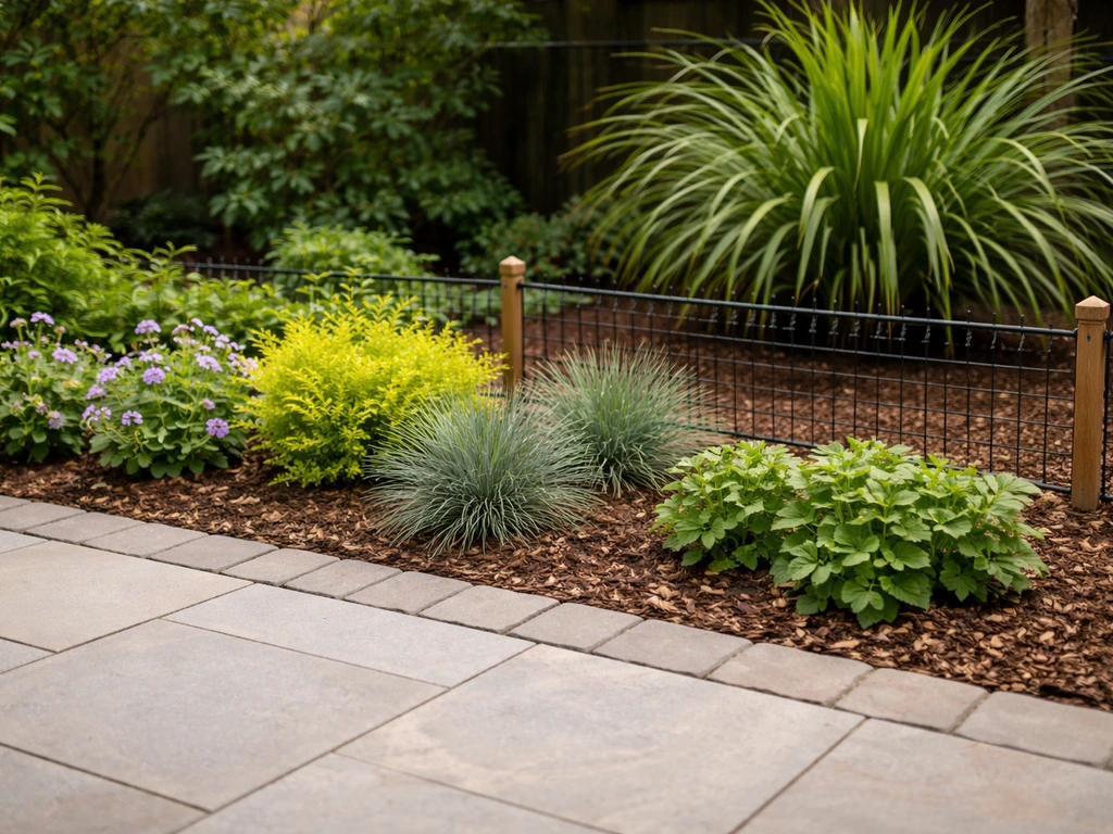 Minimal patio edge with dog-safe border plants and a clearly separated high-risk palm-like plant behind mulch.