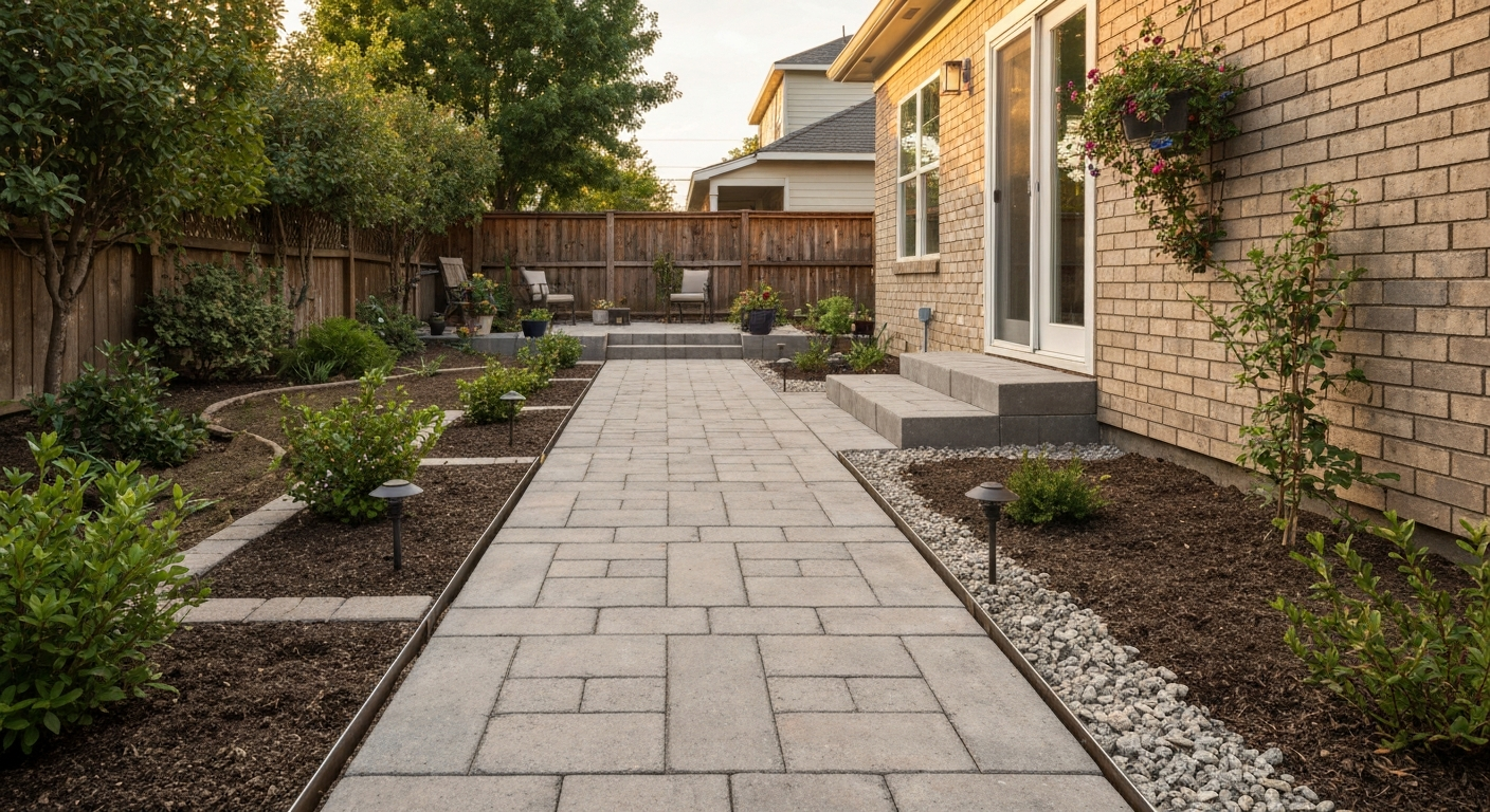 Photorealistic view of a neat paver patio walkway leading from a house into a garden, with edging and plant borders, warm late-afternoon light.