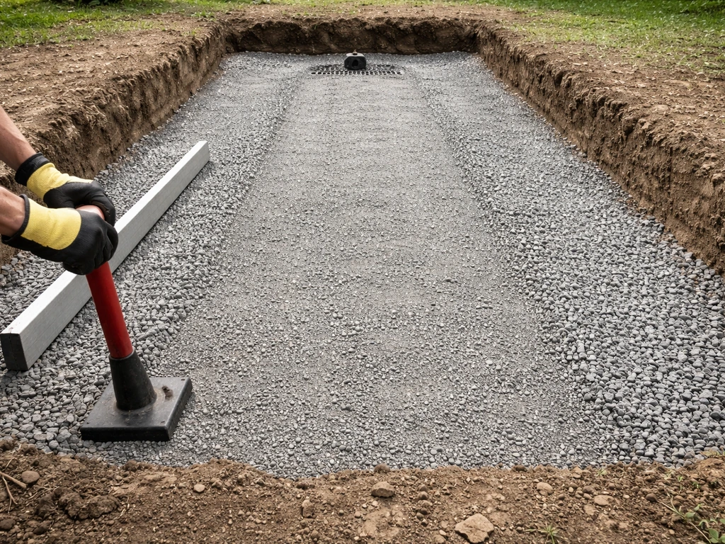 Backyard patio base excavation with compacted gravel layers and a visible slope toward a drainage outlet.