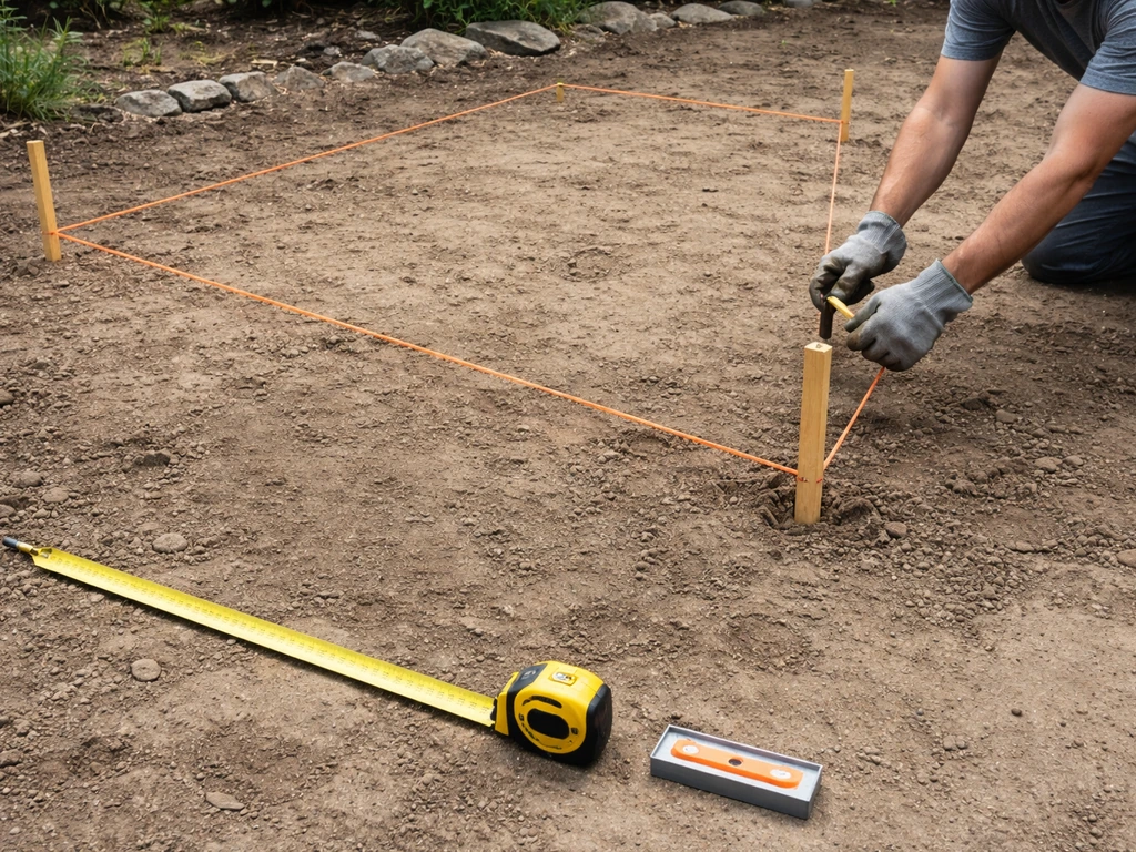 Person measuring and marking a patio footprint with stakes and string on bare ground