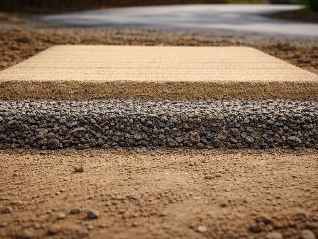 Close-up of an ordered base-layer stack of compacted subgrade, gravel, and bedding sand laid out on-site.