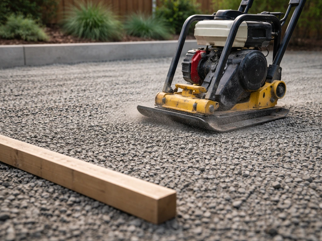 Plate compactor vibrating over gravel base while a straightedge checks an even patio surface